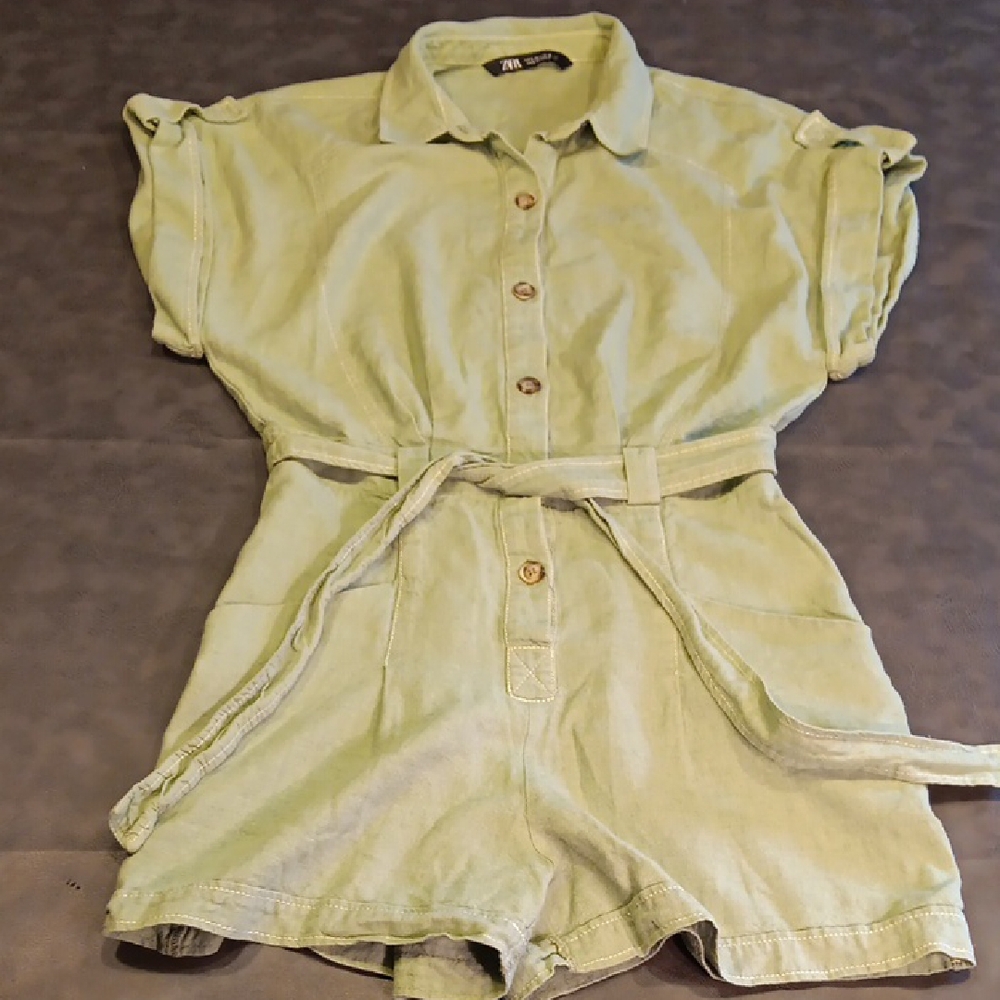 Zara Sage Green Linen Blend Romper With Tie Belt - Picture 2 of 13